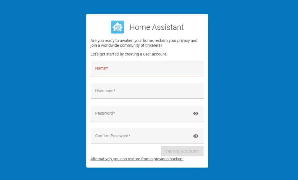 create account on home assistant